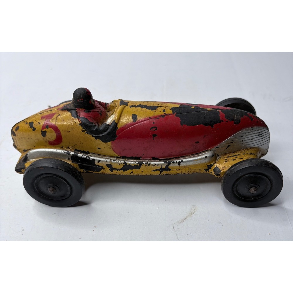 Vintage Sun Hard Rubber Toy Co No. 3 Race Car Boat Tail Yellow Red Barberton OH
